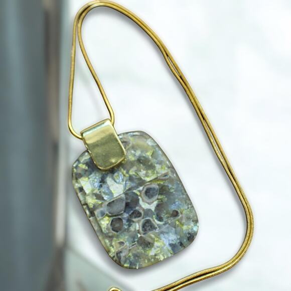 Rectangular Shaped- Custom Glass Fused Gem, Earth Tones 18" chain. 1.25 x 1.5" - Picture 4 of 6